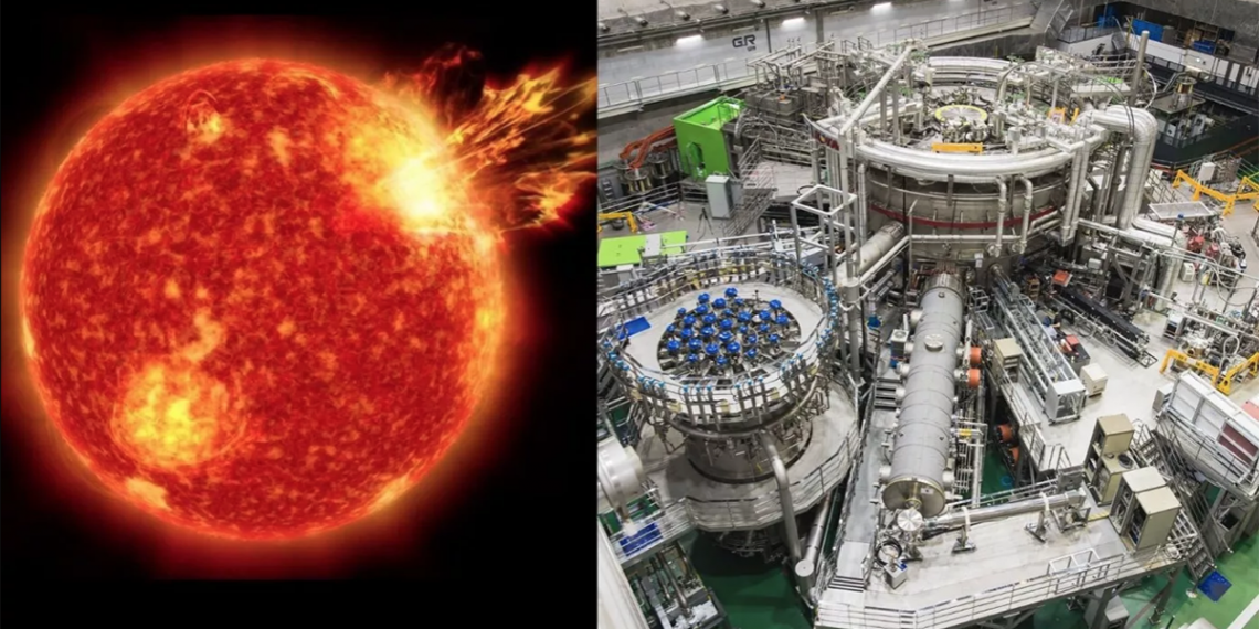 Ilustración del sol mostrando un poderoso estallido de plasma y el KSTAR, que busca duplicar el proceso del sol aquí en la Tierra. (Fotos: NASA/Centro Goddard de Vuelo Espacial/Imagen Conceptual de Laboratorio/Consejo Nacional de Investigación en Ciencia y Tecnología)