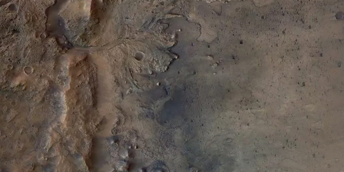 Restos de un antiguo delta en el cráter Jezero de Marte, que el vehículo Perseverance de la NASA explorará en busca de signos de vida microbiana fosilizada. (Foto: ESA/DLR/FU-Berlín/NASA)