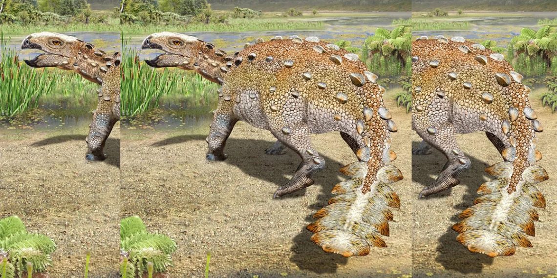 Ilustración de un stegouros. Los fósiles son de una extraña especie de dinosaurio del tamaño de un perro con una cola única cual arma cortante. (Imagen: Mauricio Álvarez/AP Photo)