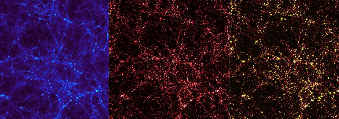 Distribución de materia oscura en todo el universo según lo una simulación numérica. Los efectos de la materia oscura podrían ser resultado de una forma de gravedad aún no descubierta. (Imagen: Herschel/ESA)