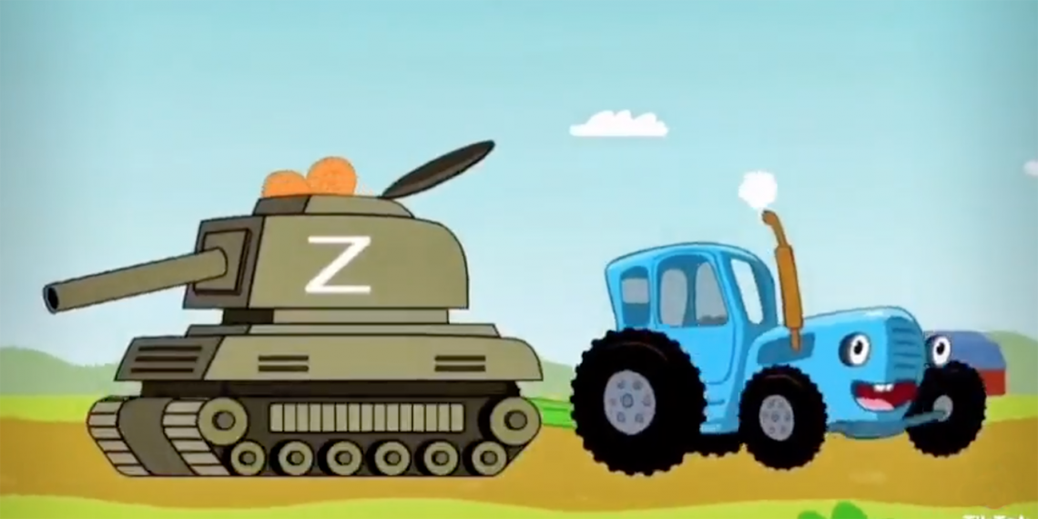 En Twitter se viralizó la caricatura de un tractor azul que remolca un tanque ruso. (Imagen: Twitter/@_MJMoody_)