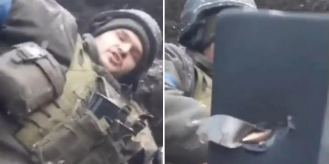 Imagen dividida de un soldado ucraniano y una bala atorada en un teléfono celular. El video de donde viene la imagen se volvió viral en internet. (Foto: Twitter/ @OSINTtechnical)
