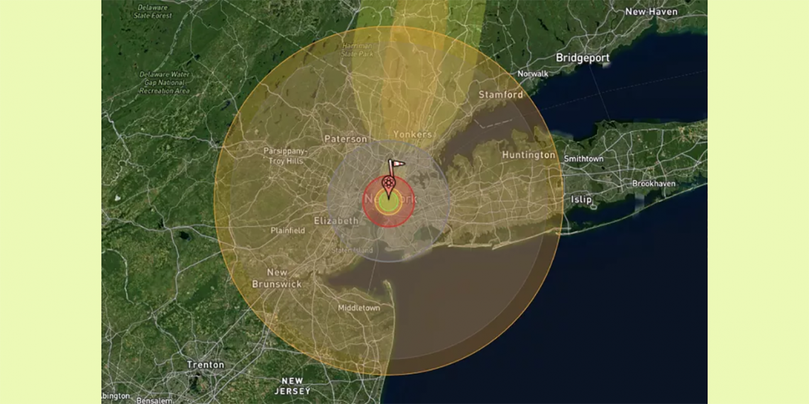 Captura de pantalla de la herramienta NUKEMAP, creada por Alex Wellerstein, que muestra los impactos de una hipotética detonación nuclear de la 'Tsar Bomba' en Nueva York y sus alrededores. (Imagen: NUKEMAP)