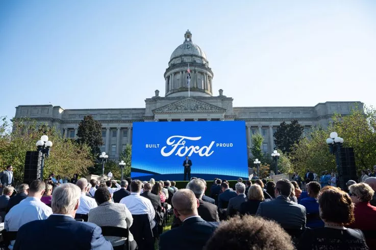 James Farley, president and chief executive officer of Ford Motor Co., speaks during a Ford announcement event at the Kentucky State Capitol in Frankfort, Kentucky last year. JON CHERRY/BLOOMBERG/GETTY