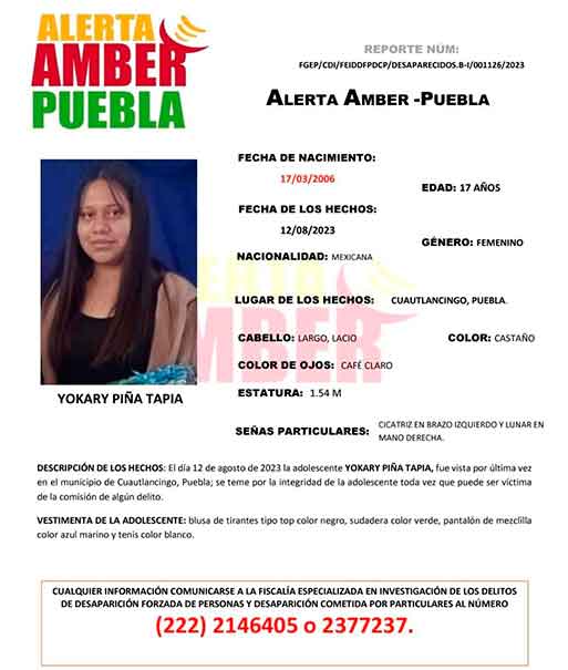ALERTA AMBER para localizar a Yokary Piña desaparecida en Puebla