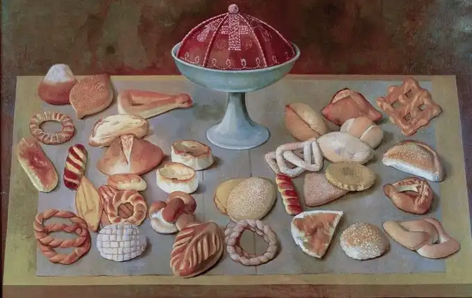 Pintura Bodegón con panes mexicanos