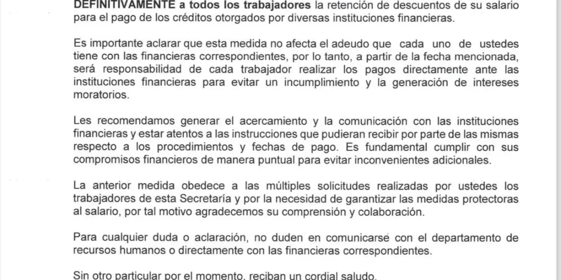 Suspenden descuentos de financieras vía nómina a trabajadores de la SSD