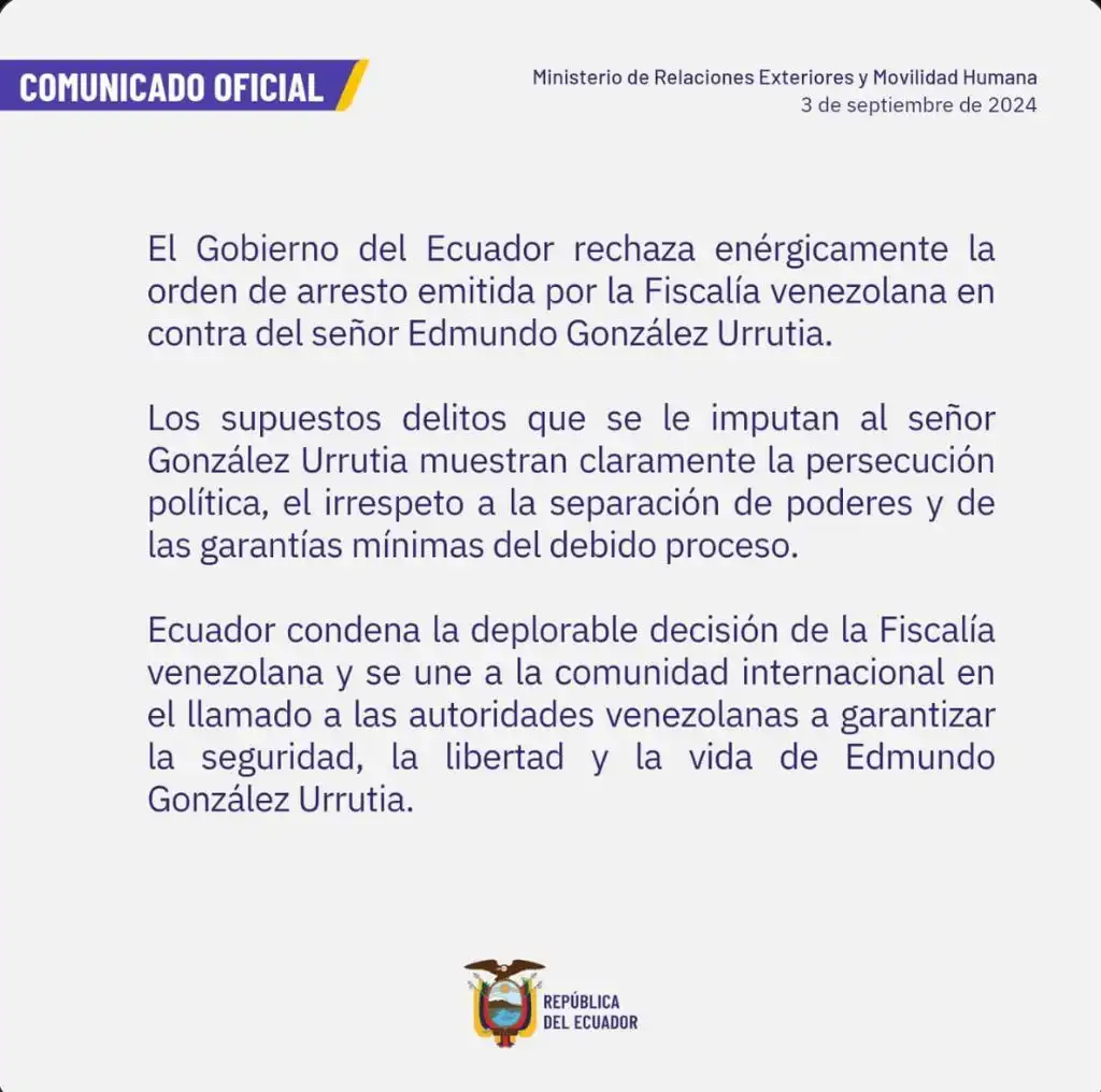 Ecuador rechaza orden Edmundo González