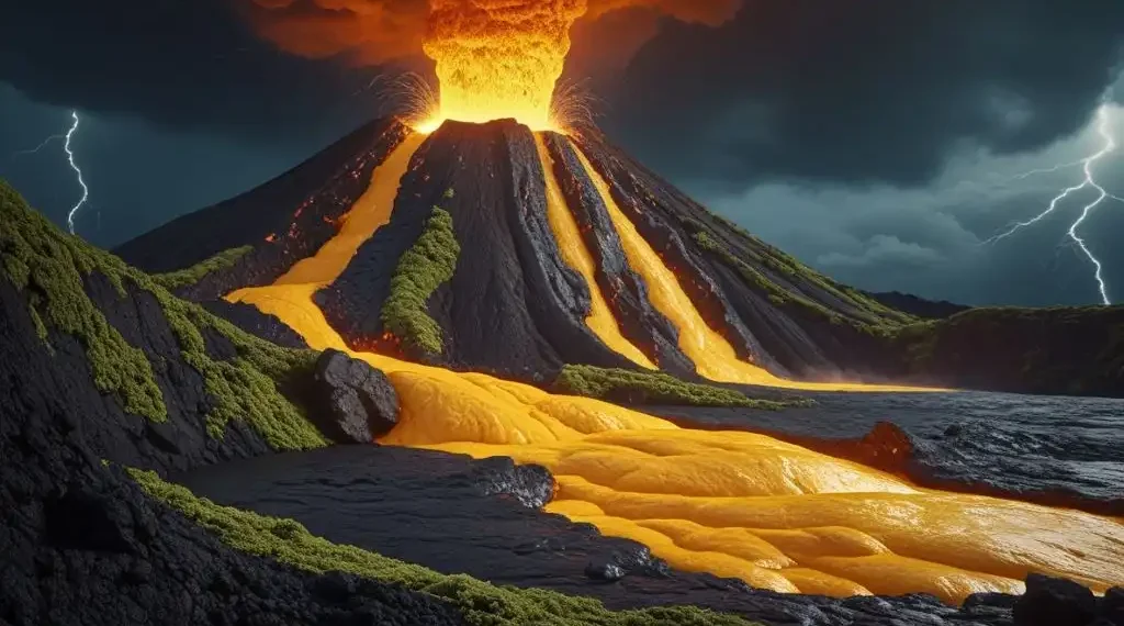 Imagen ilustrativa de un volcán de Hawái con lava de oro. (Creada con Leonardo.Ai)