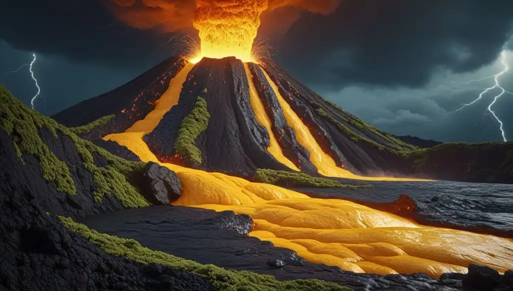 Imagen ilustrativa de un volcán de Hawái con lava de oro. (Creada con Leonardo.Ai)