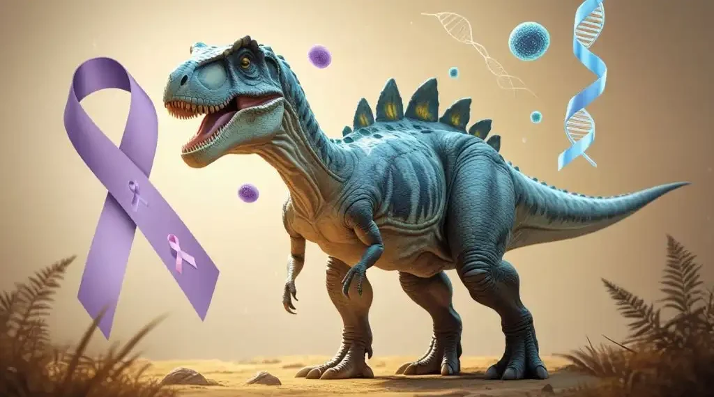 Imagen ilustrativa de un dinosaurio y símbolos que caracterizan al cáncer. (Leonardo / IAG)
