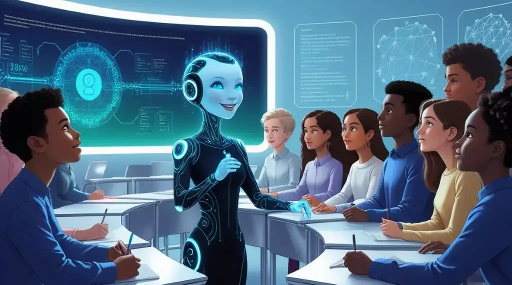 Imagen ilustrativa que muestra a una inteligencia artificial en un salón de clases. (Leonardo / IAG)