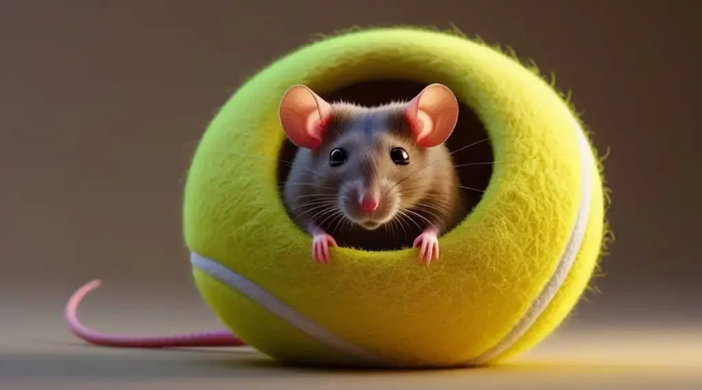 Una imagen ilustrativa de un ratón en una pelota de tenis. (Leonardo / IAG)